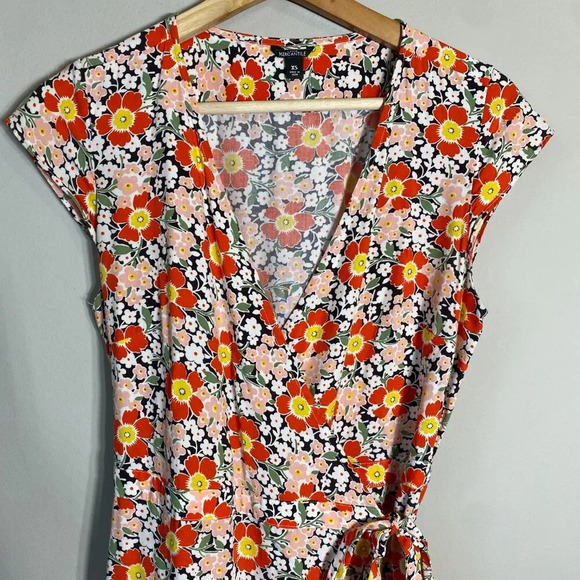 J.Crew Mercantile Short Sleeve Floral Midi Wrap Dress Women's XS Orange V-Neck - Picture 7 of 14